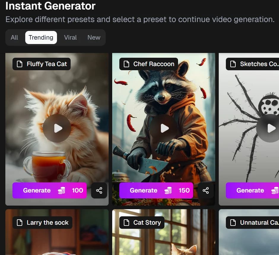 RiseAngle Instant Generator preset selection screen