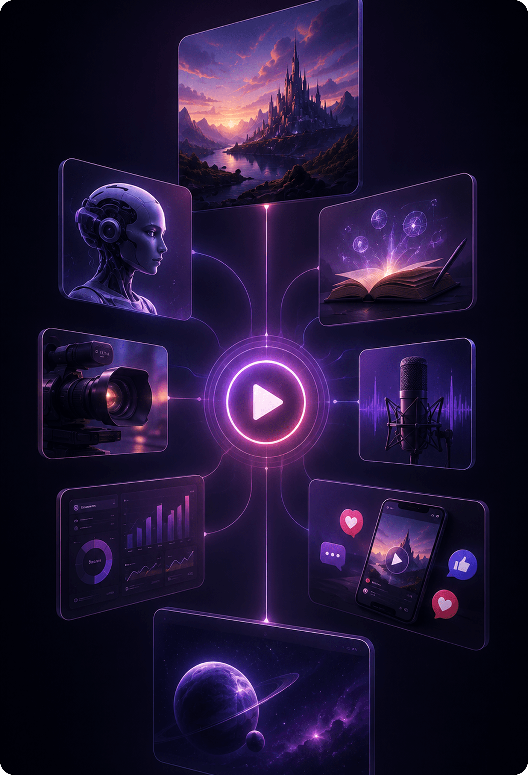 A hub of AI video content types connected around a central play button: game, story, audio, marketing, social, analytics, and cinematic scenes