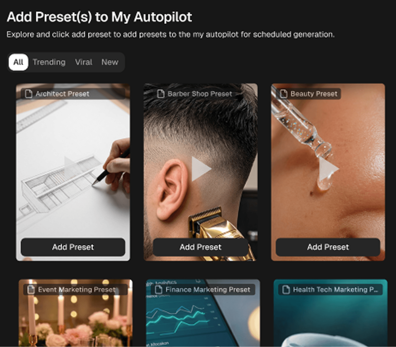 Grid of RiseAngle AI video presets available to add to Autopilot