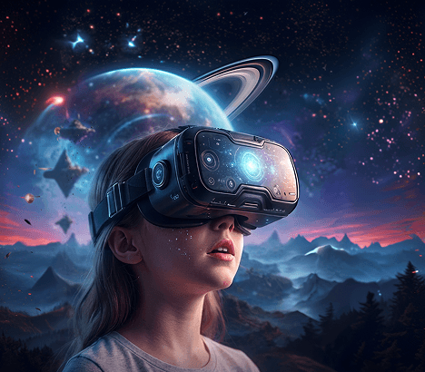 A young girl wearing a VR headset, immersed in a virtual reality world