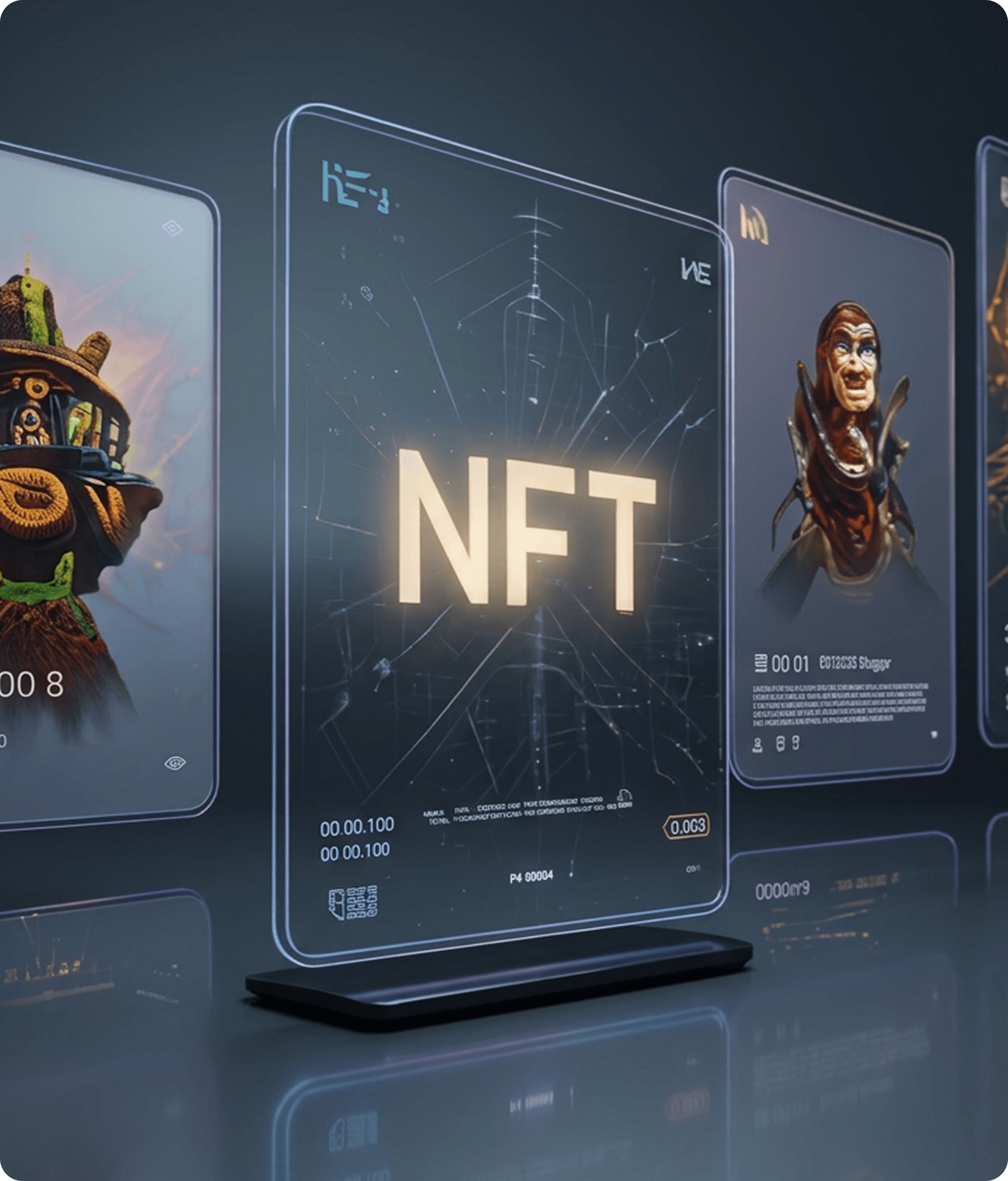 A holographic NFT display card standing among other NFT collectible cards