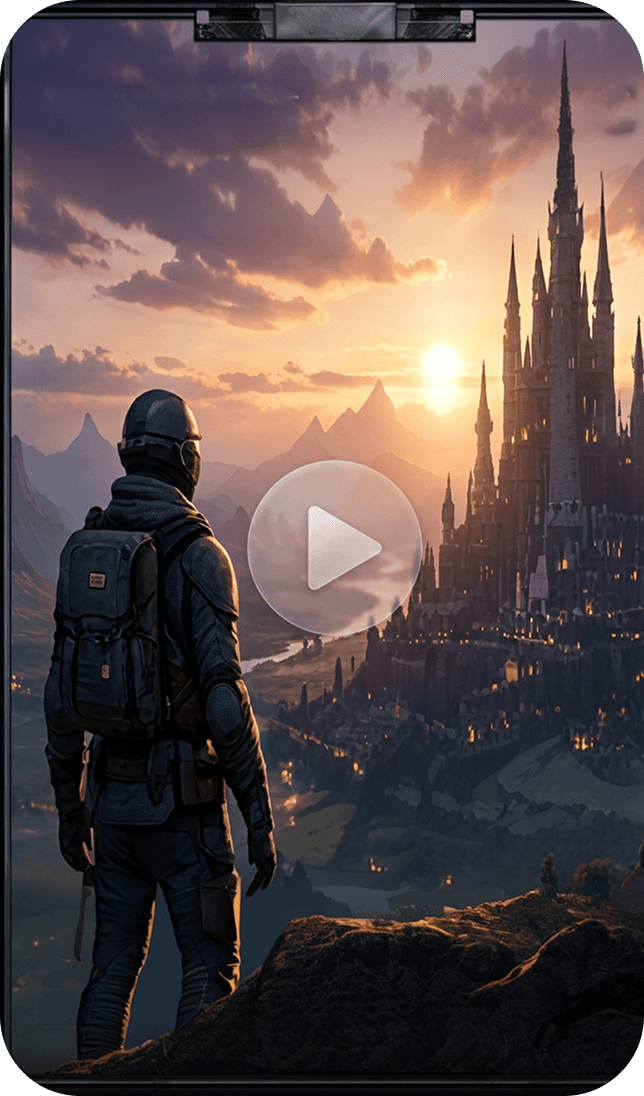 A character overlooking a fantasy castle at sunset on a phone screen