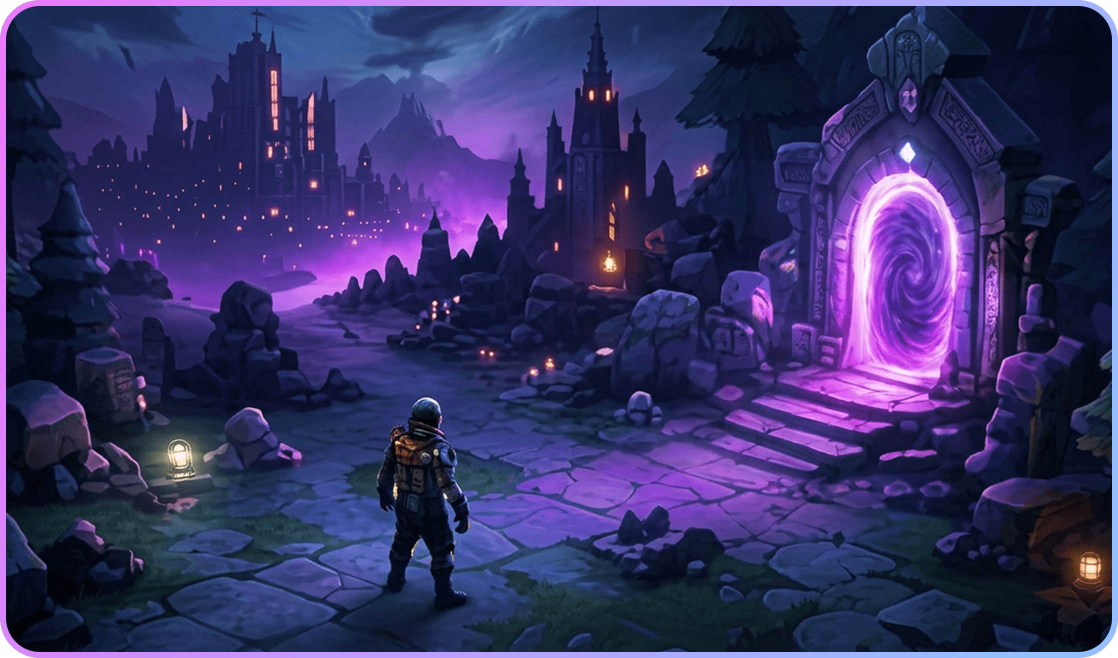 A character standing before a glowing portal in an AI-generated fantasy game world