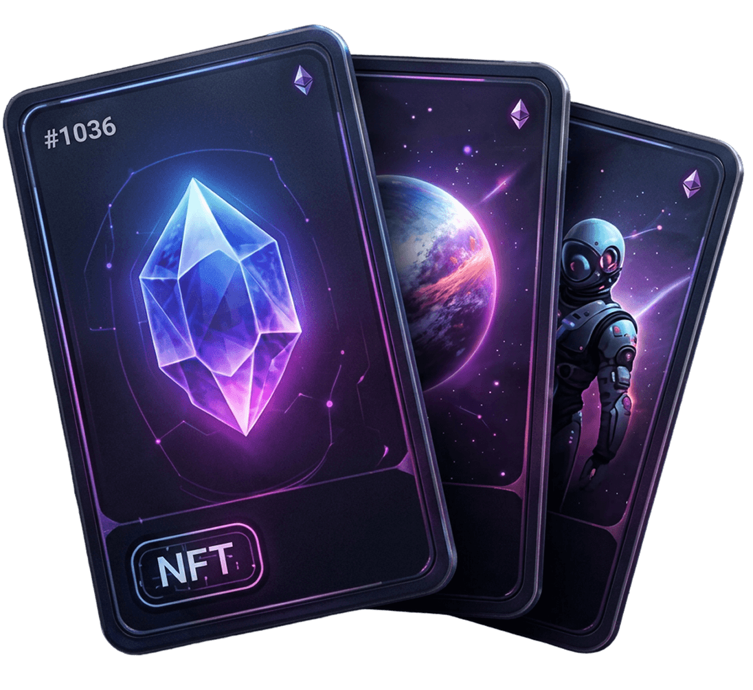 A hand of glowing NFT collectible cards