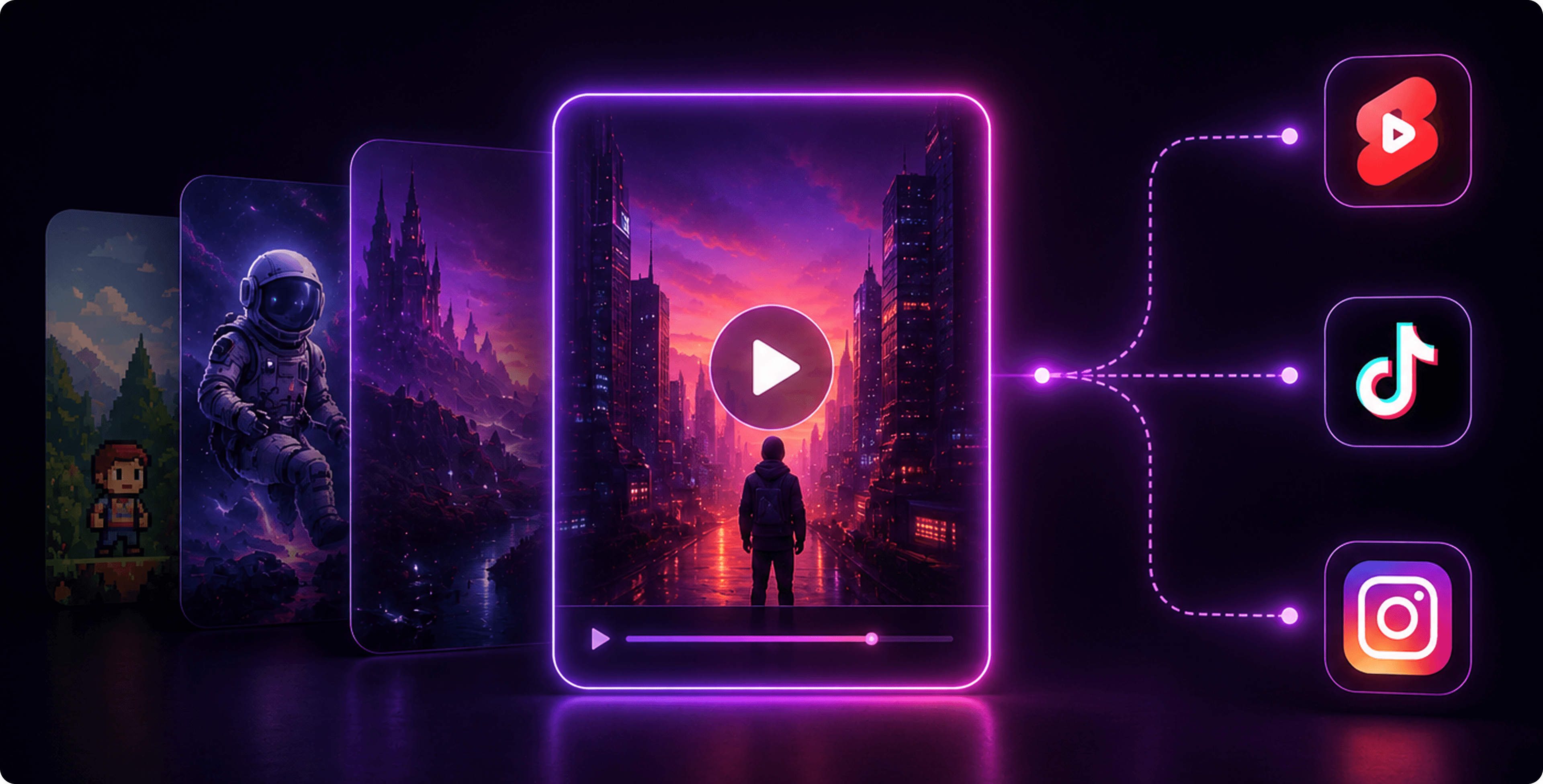 Short-form videos generated by RiseAngle being published to YouTube Shorts, TikTok and Instagram