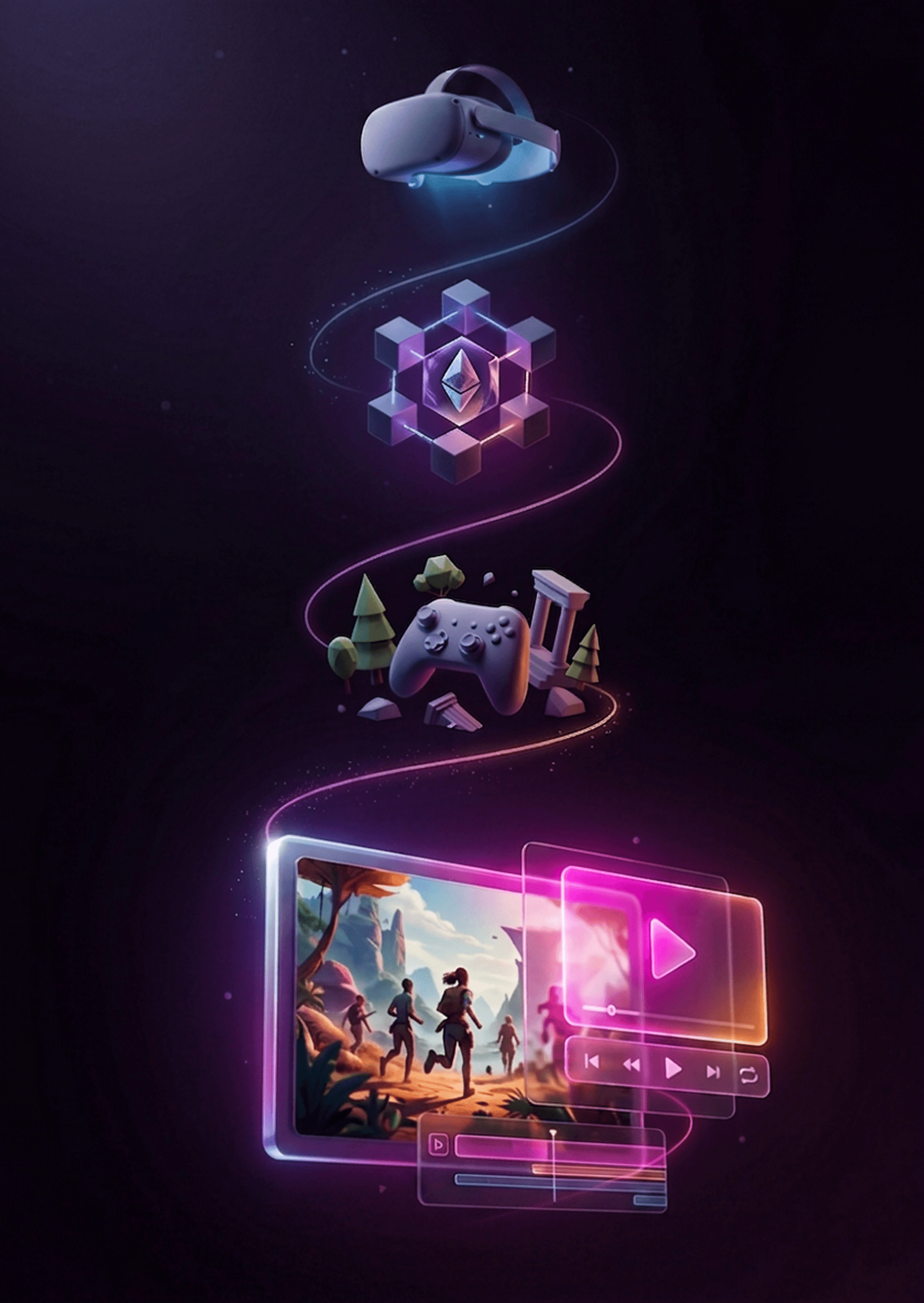 A winding path connecting a VR headset, a blockchain icon, a game controller, and an AI video player screen