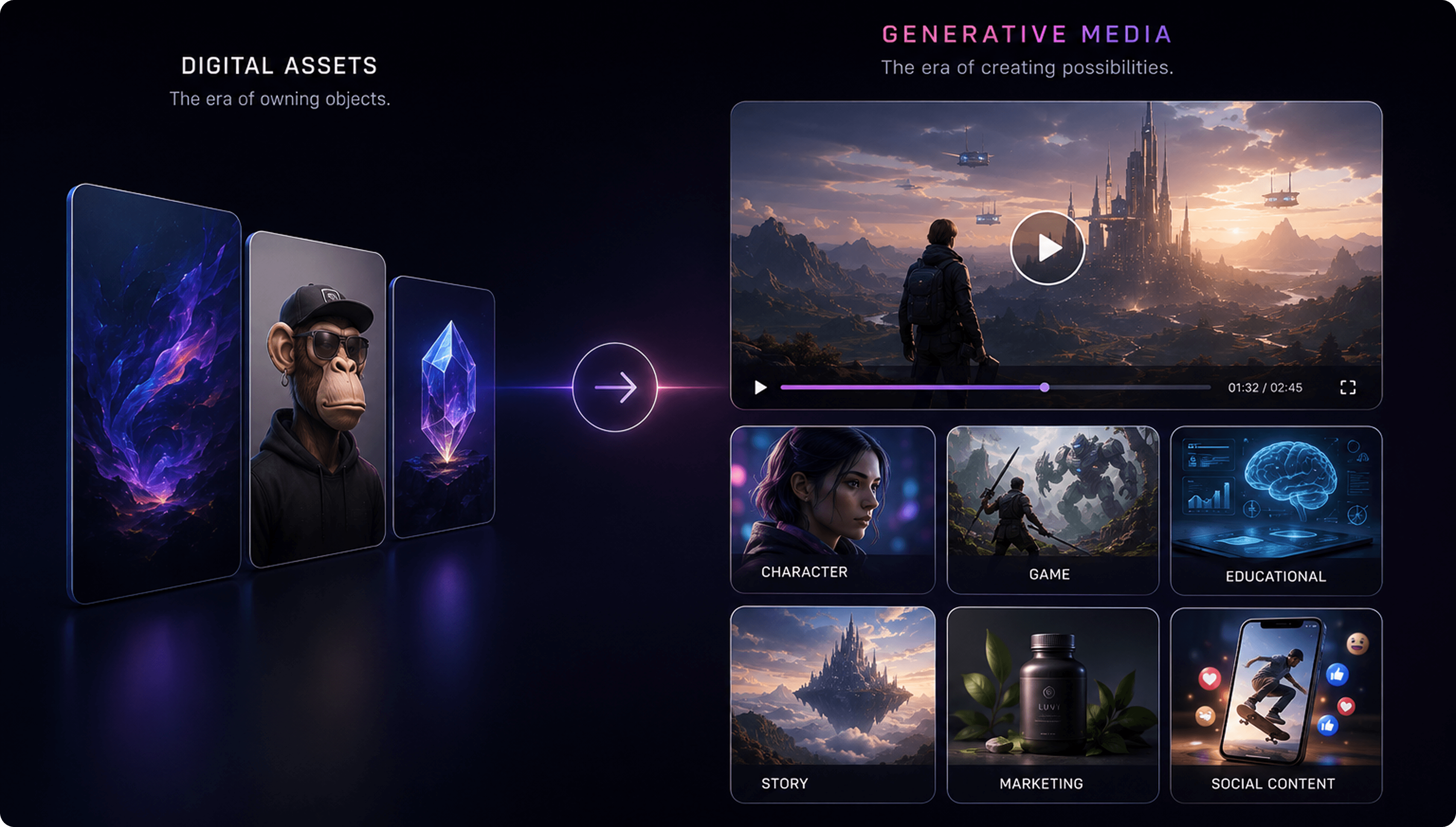 Comparison of the NFT era of digital assets (a monkey NFT collectible card) with the generative media era (an AI-generated video with character, game, educational, story, marketing and social content options)