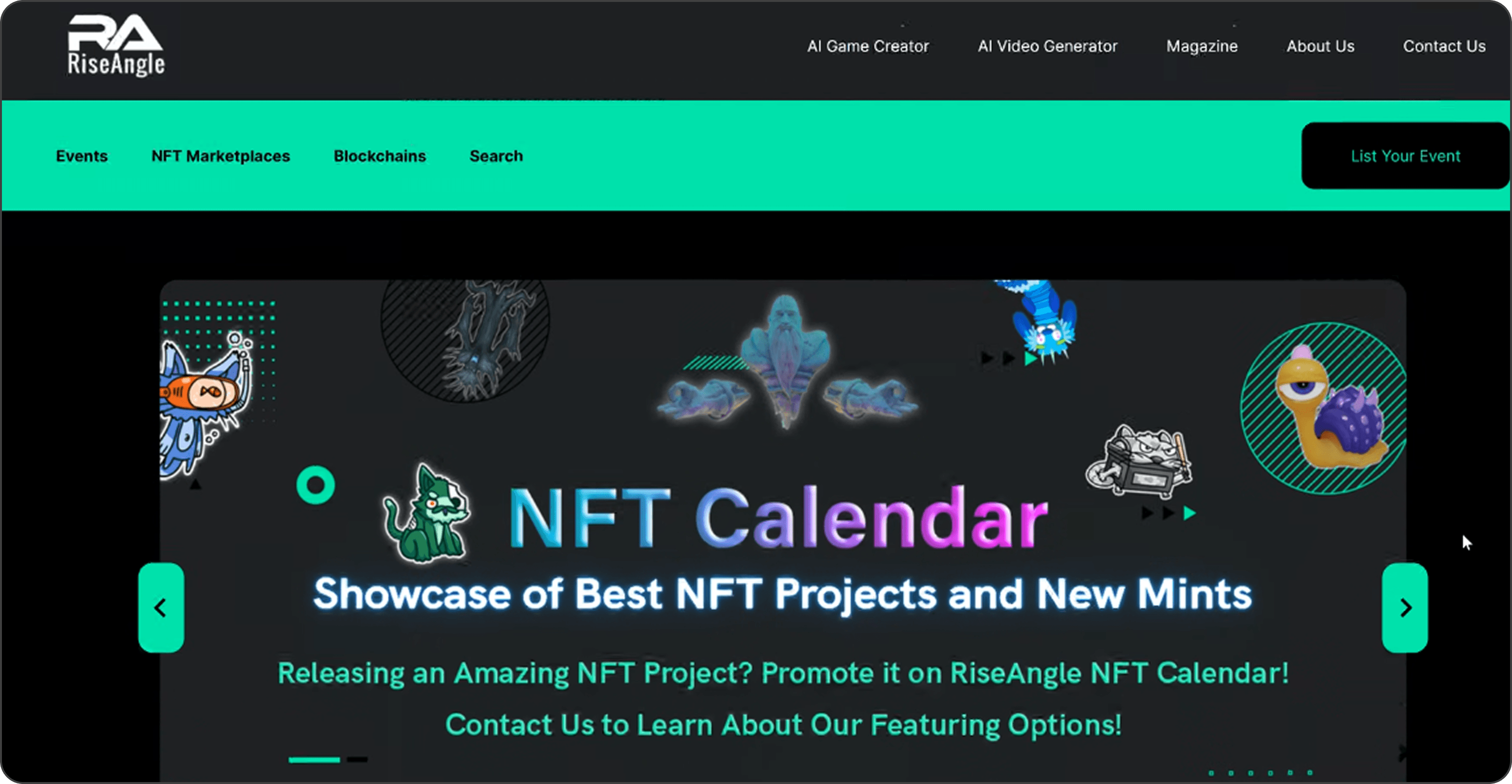 Screenshot of the retired RiseAngle NFT Calendar website showcasing NFT projects and new mints