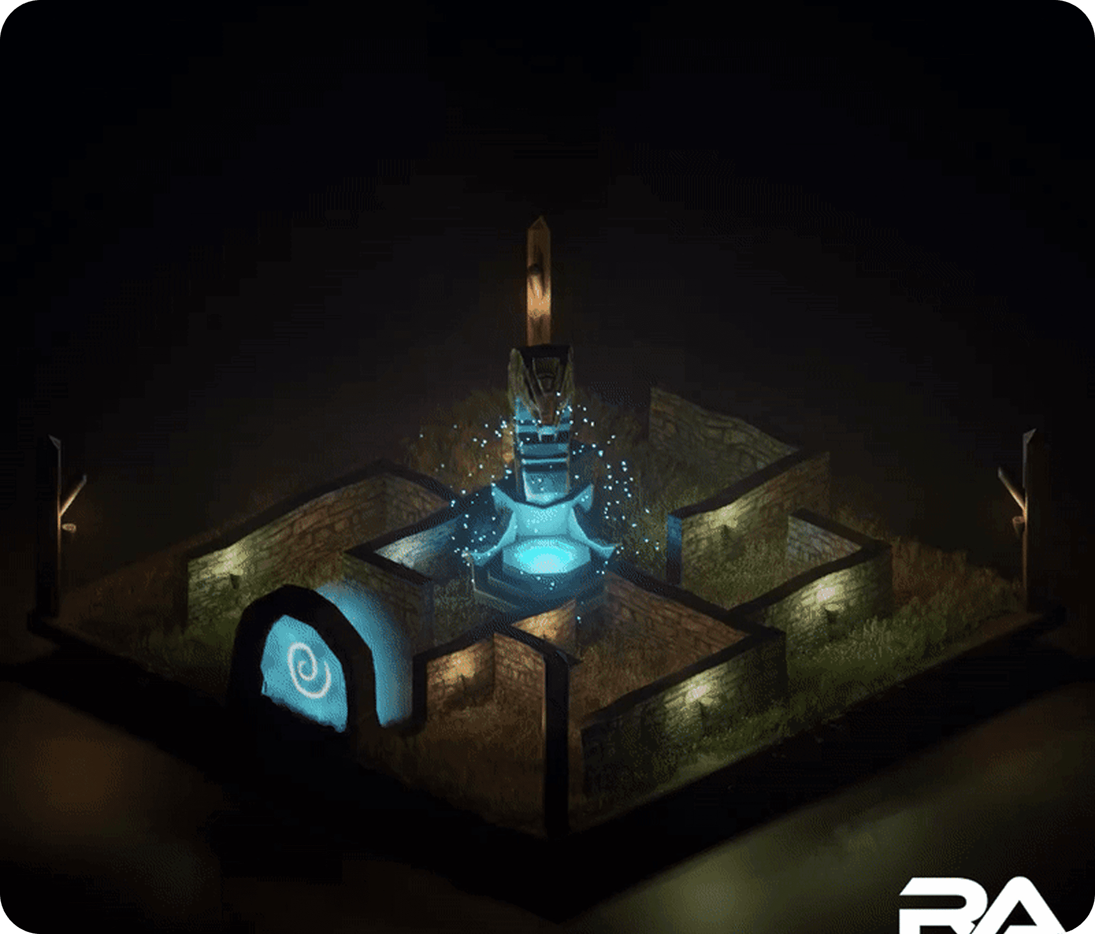 A glowing fantasy shrine at night, representing the RiseAngle NFT ecosystem