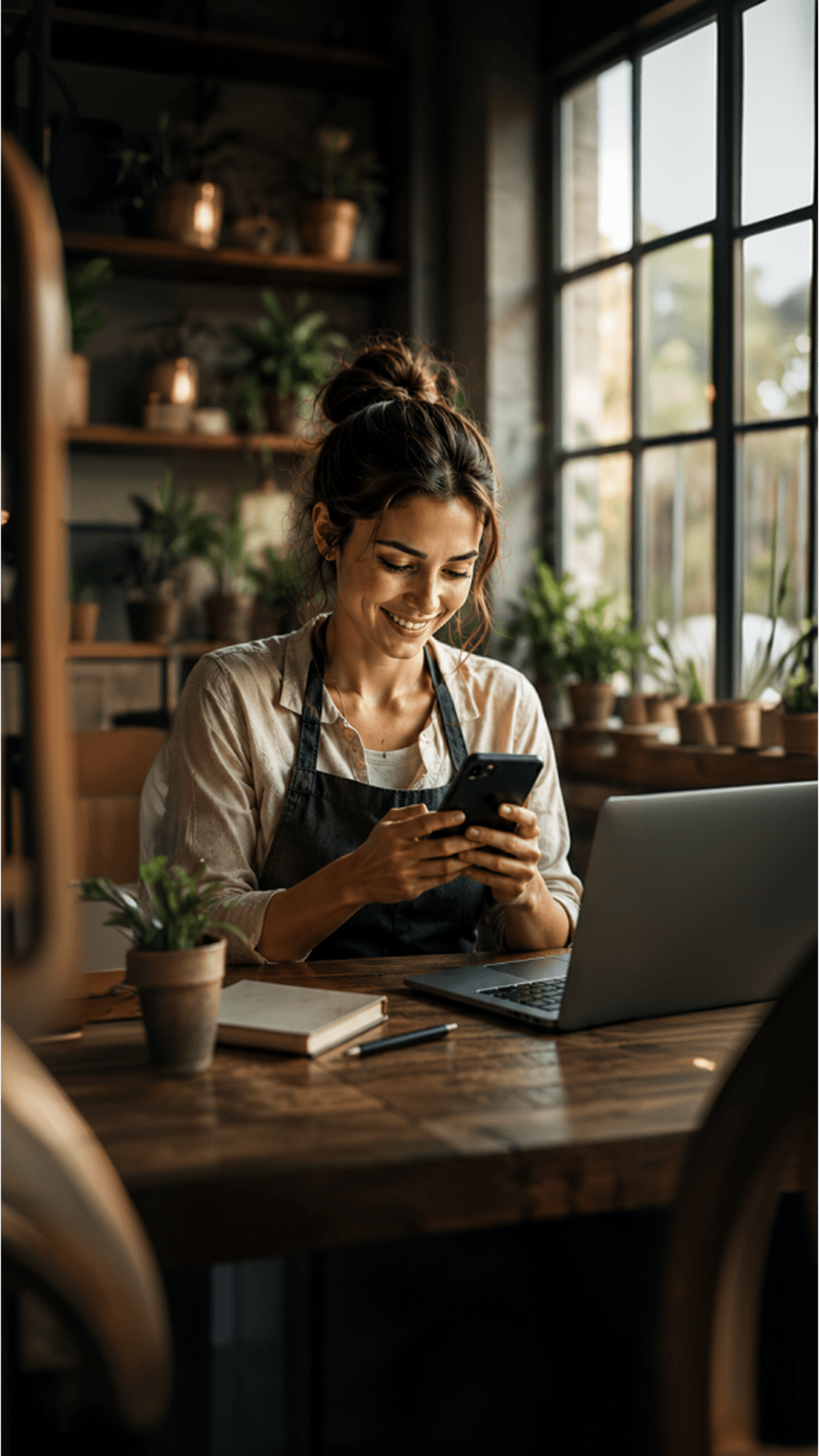 Business owner happily managing content