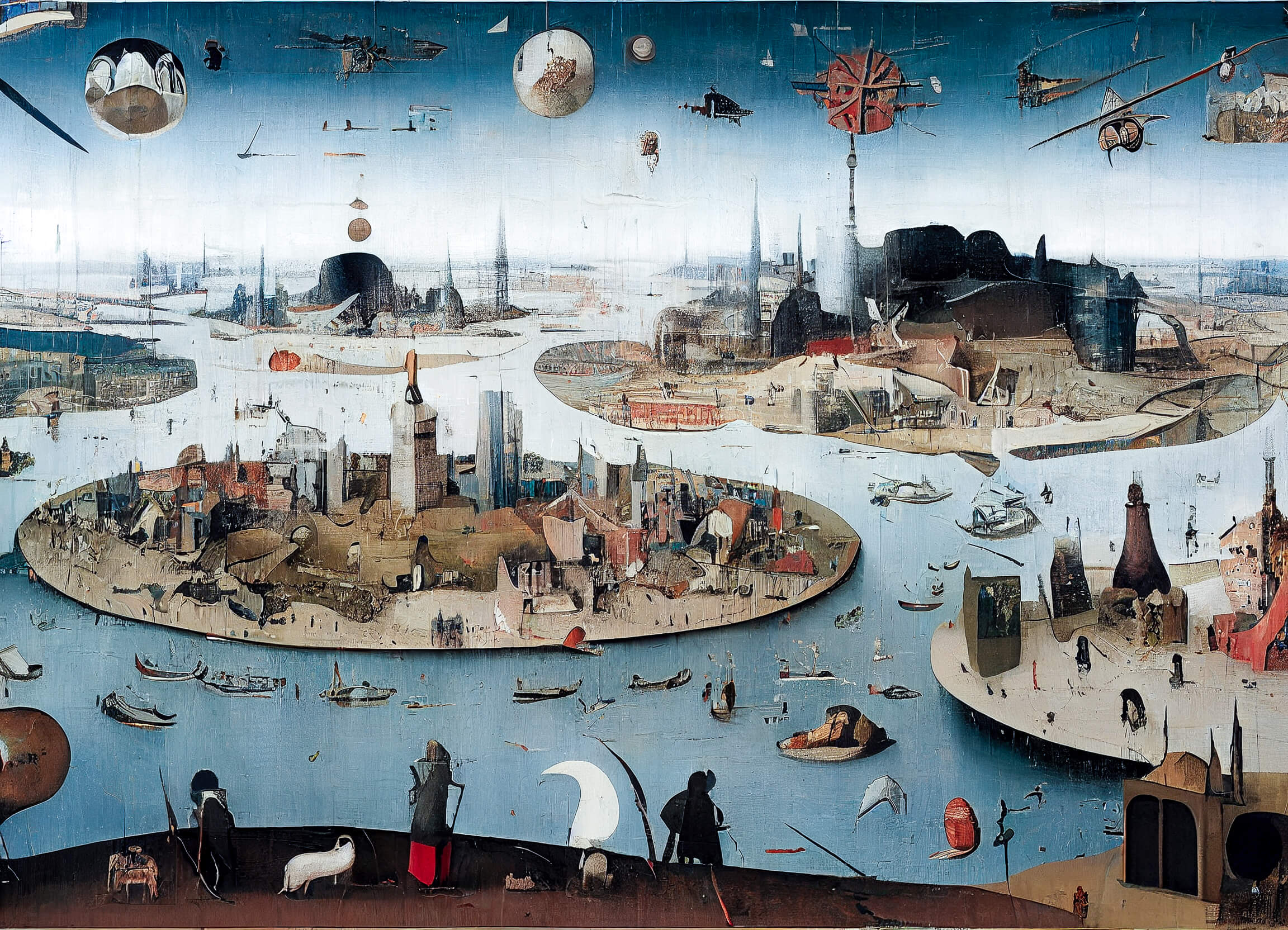 A modern city designed for Siberia in 1965, painted on large wood panel by Hieronymus Bosch, TAEX
